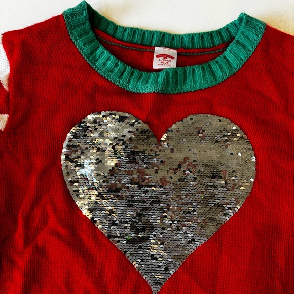 HOLIDAY TIME Christmas Sweater~Flip Sequin Green/Silver Heart~Girls L 10-12 PLUS - Picture 6 of 12